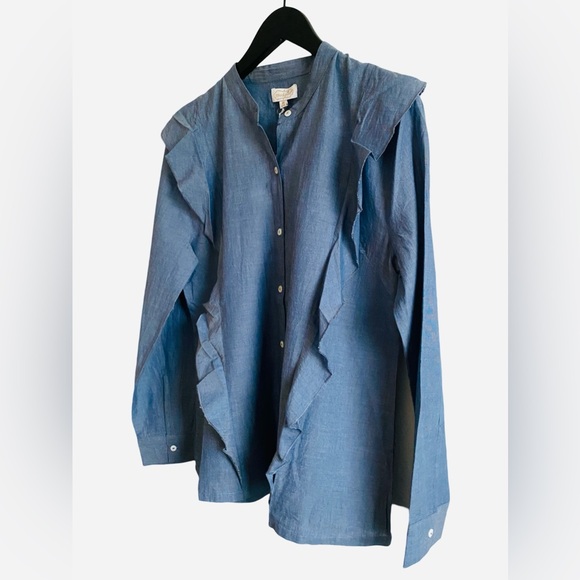 Mud Pie Chambray Blouse Medium Ruffle 100% Cotton Long Sleeve Lightweight Top - Picture 3 of 7